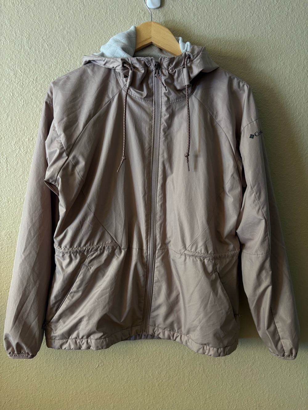 Columbia Hooded Windbreaker Jacket Women's Medium Taupe Drawstring Waist